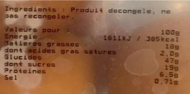 Beignets Chocolat nutrition facts table