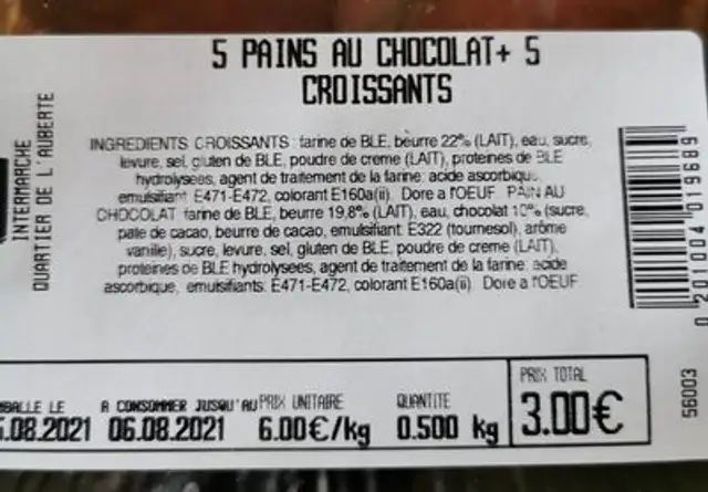 Croissants et pains au chocolat nutrition facts table