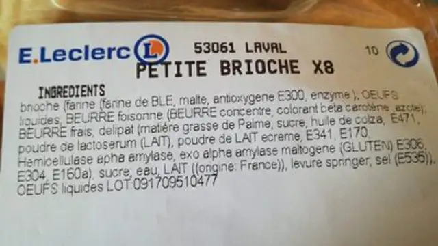 Petite brioche ingredients label
