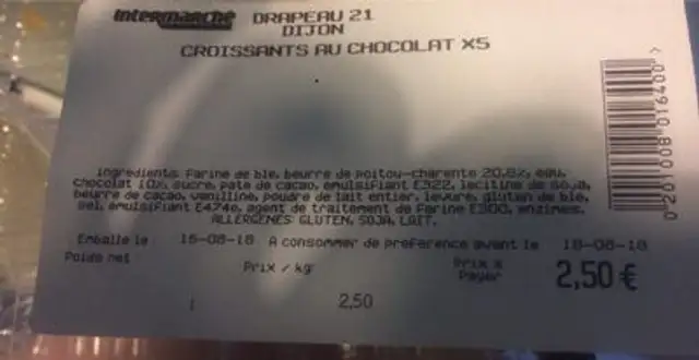 Pain au chocolat ingredients label