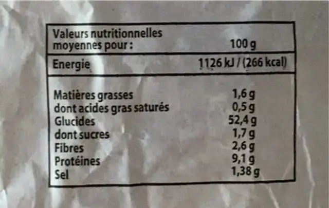 Pain boulot nutrition facts table