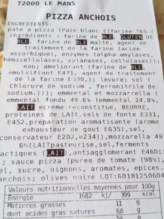 Pizza anchois Leclerc ingredients label