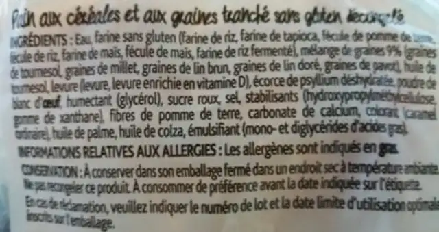 Pain céréales sans gluten ingredients label
