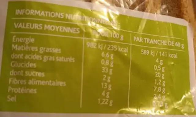 Pain campagnard sans gluten nutrition facts table