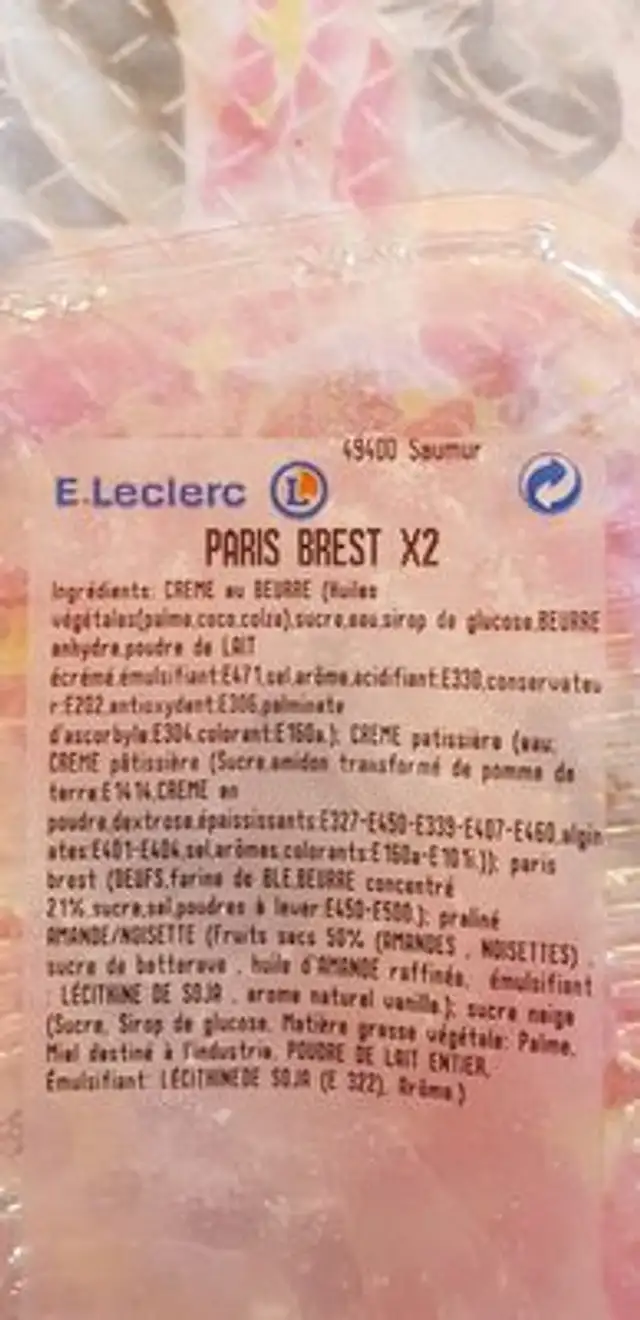 Paris Brest ingredients label