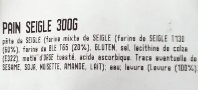 Pain de seigle ingredients label