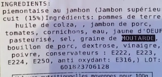 Piemontaise au jambon ingredients label