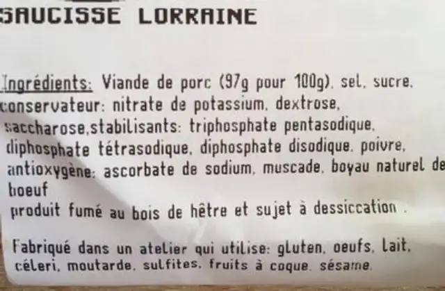 Saucisse lorraine ingredients label