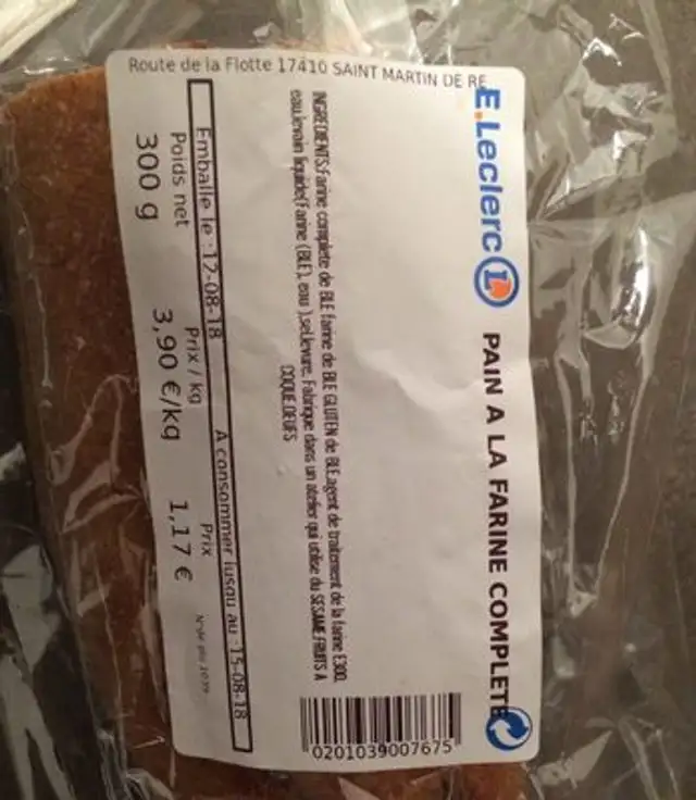 Pain à la farine complete ingredients label
