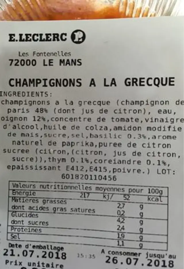 Champignon a la grecque ingredients label