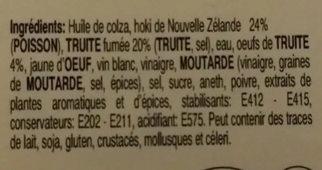 Hoki Truite fumée ingredients label