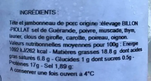 Fromage de tete ingredients label