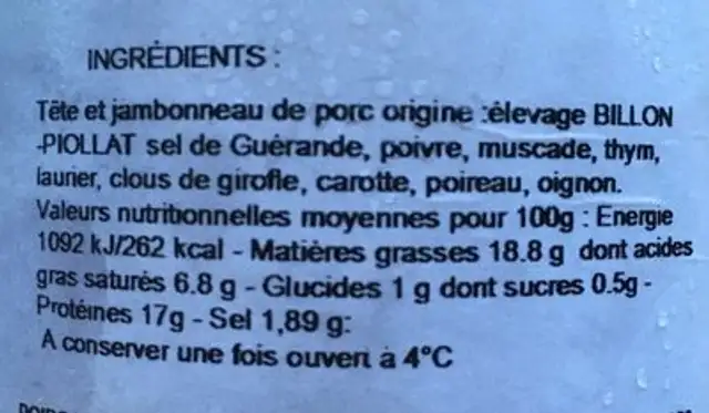 Fromage de tete nutrition facts table