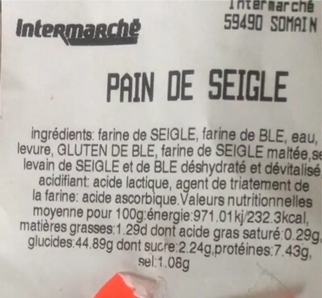 Pain de seigle nutrition facts table