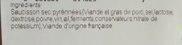 Saucisson sec Pyrénées ingredients label