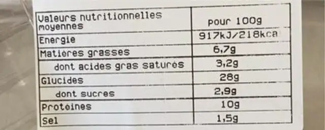 Pizza reine nutrition facts table
