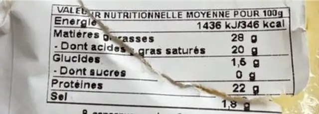Tomme noire des pyrenees nutrition facts table