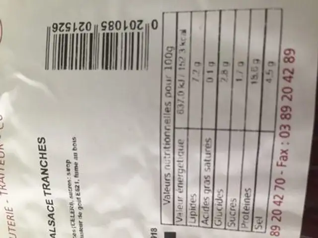 Jambon cru ingredients label