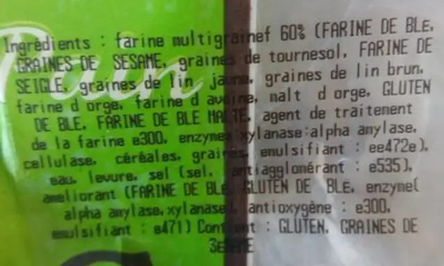 Pain aux céréales ingredients label
