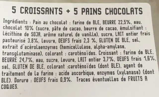 5 croissants + 5 pains chocolats ingredients label