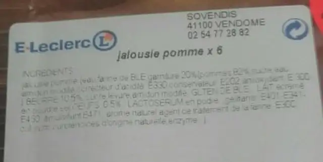 Jalousie pomme ingredients label