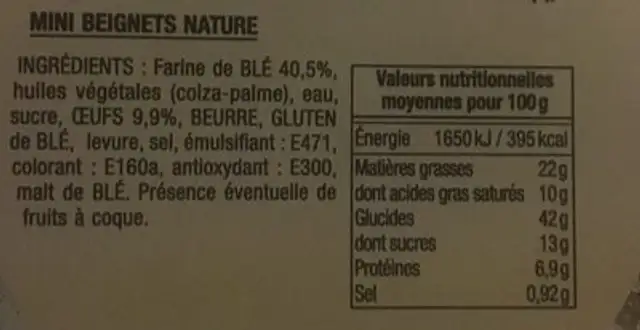 Mini beignet x10 ingredients label