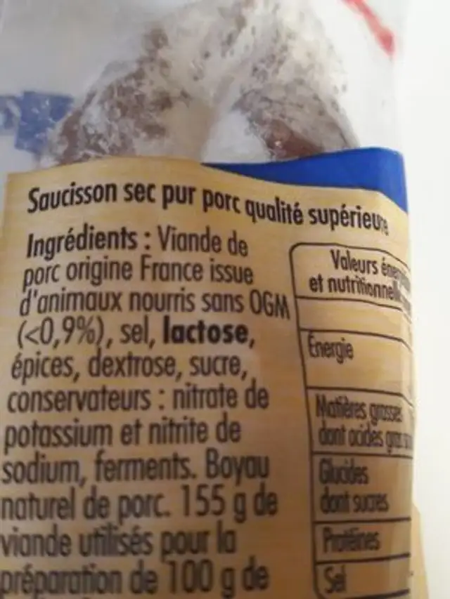 Saucisson sec ingredients label