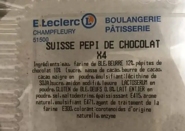 Suisse pepi de chocolat ingredients label