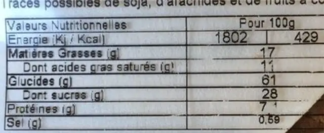 La Galette nutrition facts table