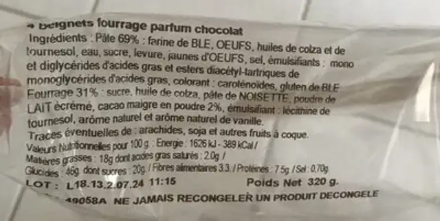 Beignets moelleux ingredients label