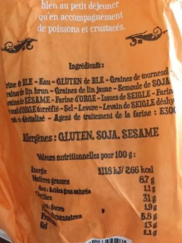 Pain Nordique nutrition facts table