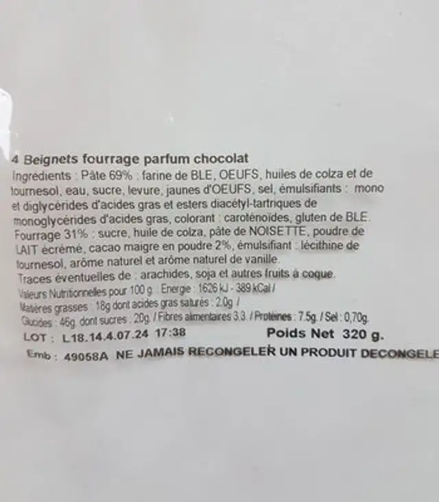 Beignets moelleux ingredients label