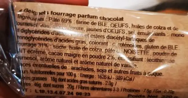Beignet chocolot ingredients label