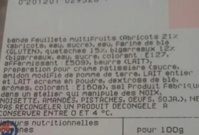 Bande feuilletée multi fruit ingredients label