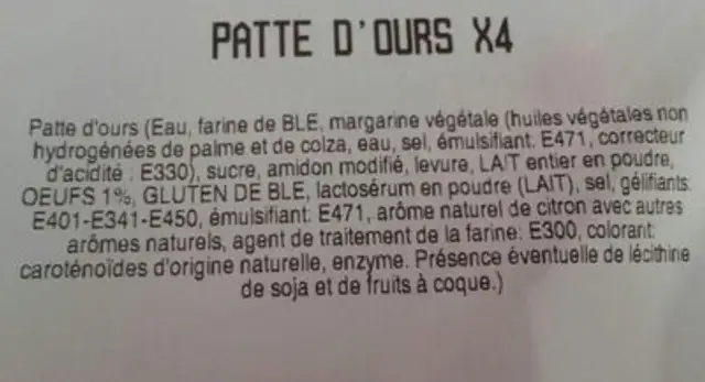 Pate d'ours ingredients label