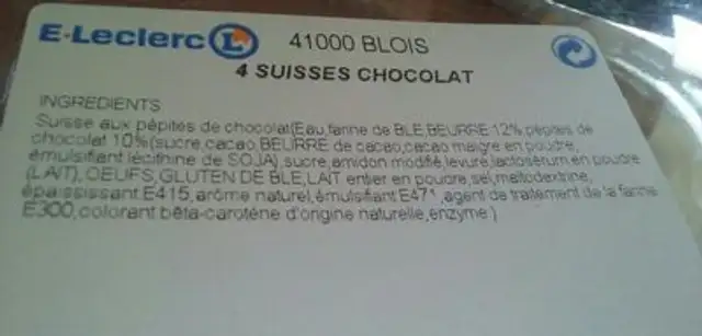 Suisse au chocolat ingredients label