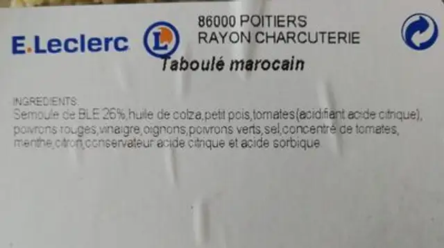 Taboule marocain ingredients label