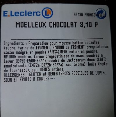 Moelleux chocolat ingredients label