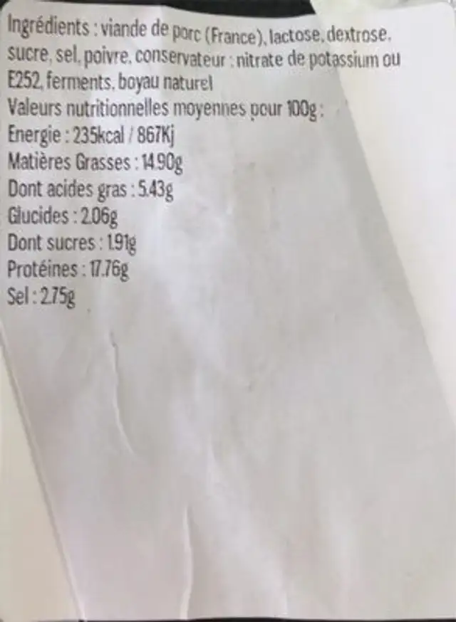 Saucisson Maison nutrition facts table