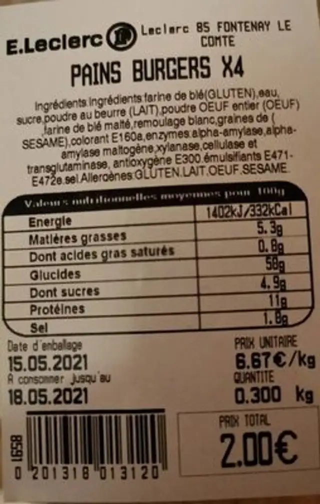 Pains Burger x4 nutrition facts table