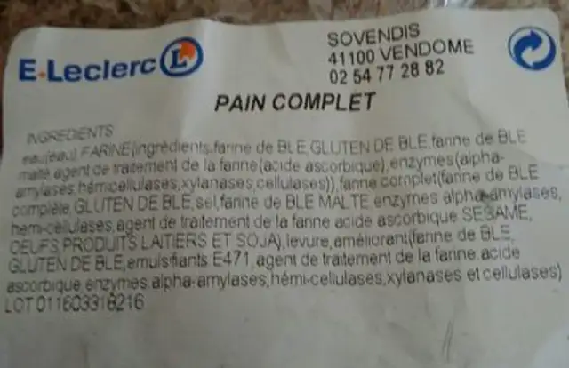 Pain complet ingredients label