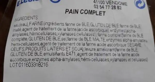 Pain complet ingredients label