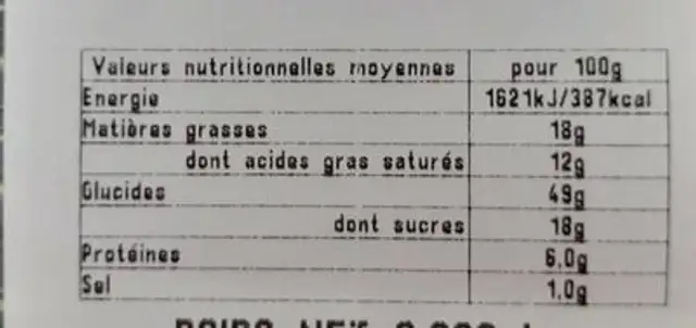 Suisse aux pépites de chocolat nutrition facts table