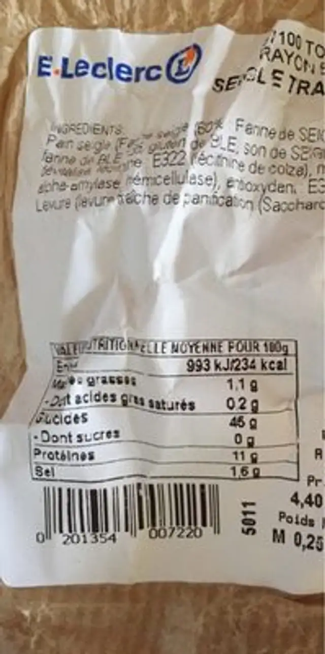 Pain de seigle nutrition facts table