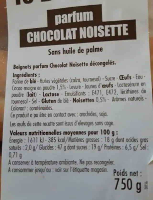 Beignets parfum chocolat noisette ingredients label