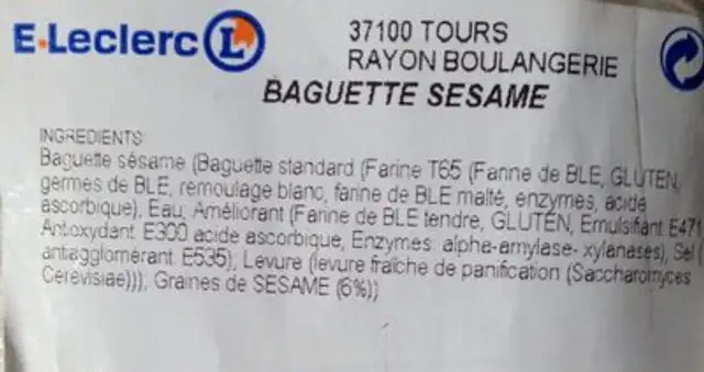 Baguette Sesame ingredients label