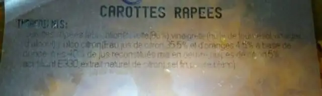 Carottes râpées ingredients label