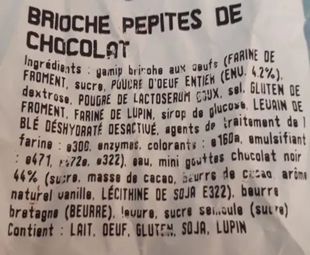 Brioche pépites de chocolat ingredients label