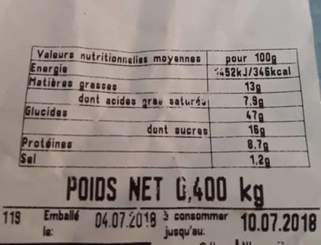 Brioche pépites de chocolat nutrition facts table