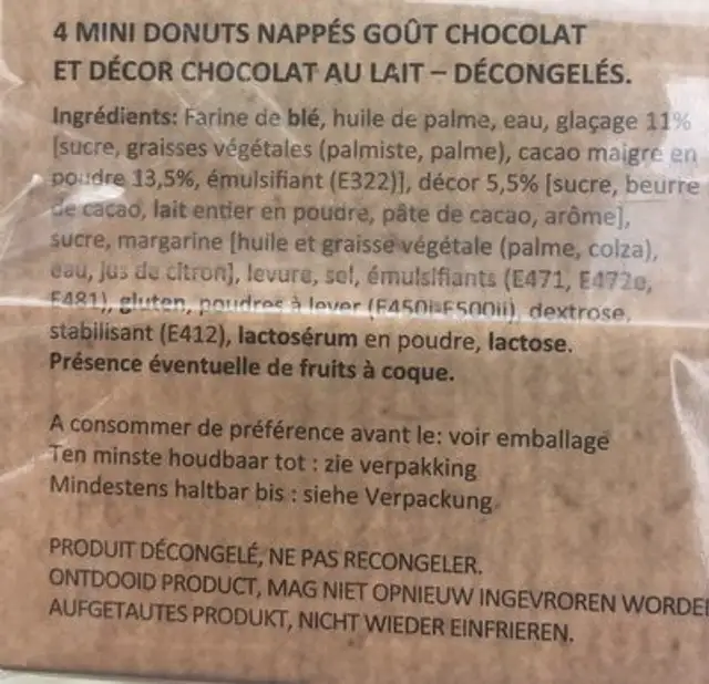 Mini donuts x4 ingredients label